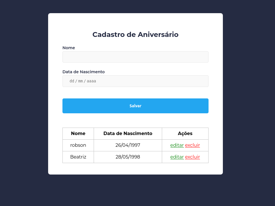 Cadastro de Aniversário CRUD